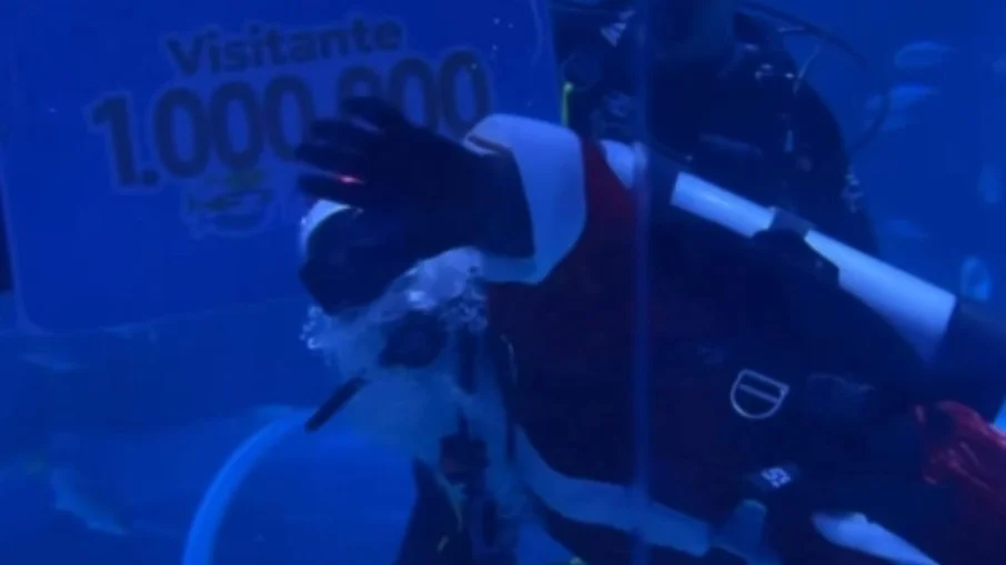 papai noel mergulha com peixes no rj: ação inusitada celebra natal e marca milésimo visitante
