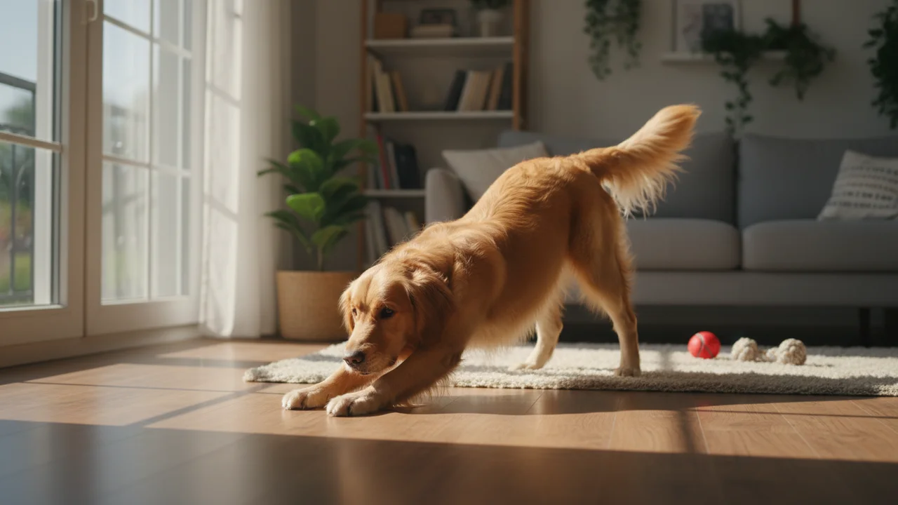 Cachorro se esticando em saudação ao dono