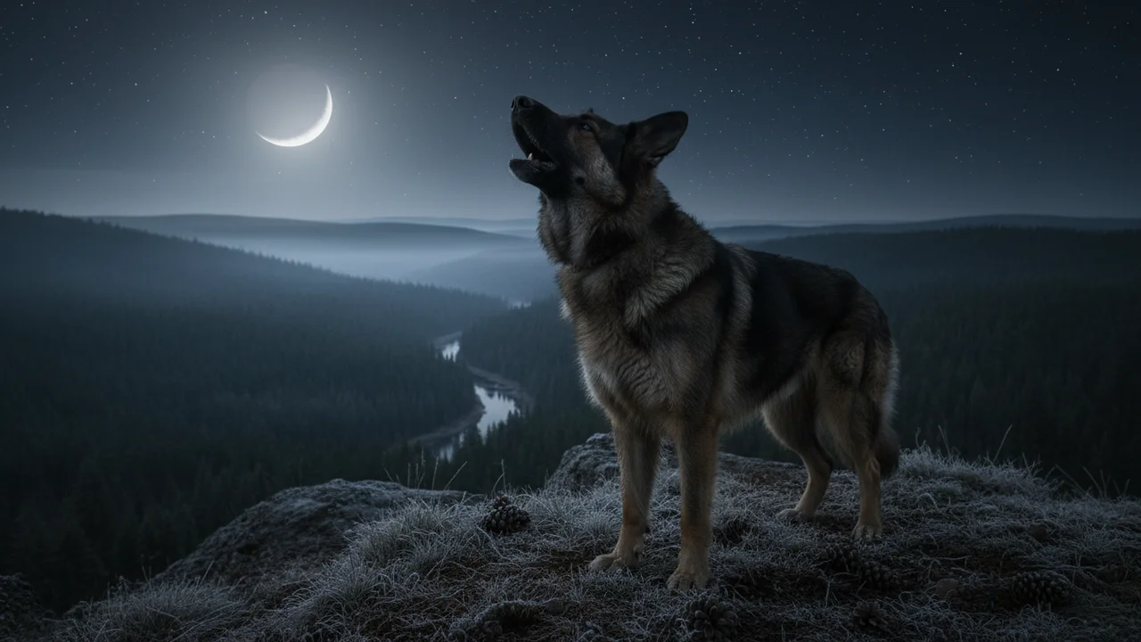 Cachorro uivando para a lua cheia em uma noite escura