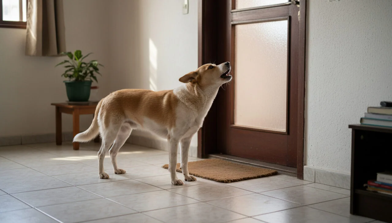 Cachorro uivando olhando para a porta