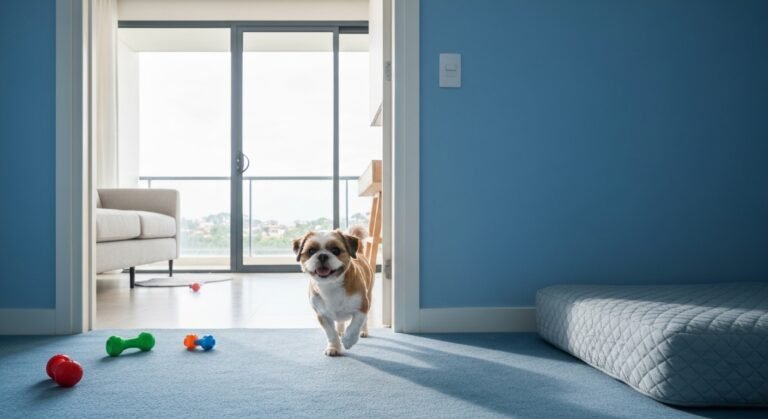 Cachorro feliz brincando em um apartamento moderno, simbolizando a boa convivência entre pets e espaços menores.