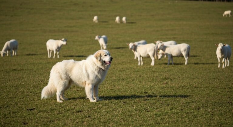 Cão guardião deitado pacificamente entre ovelhas em um pasto.