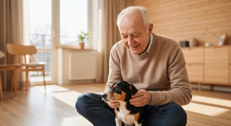 Idoso feliz com seu cão de companhia