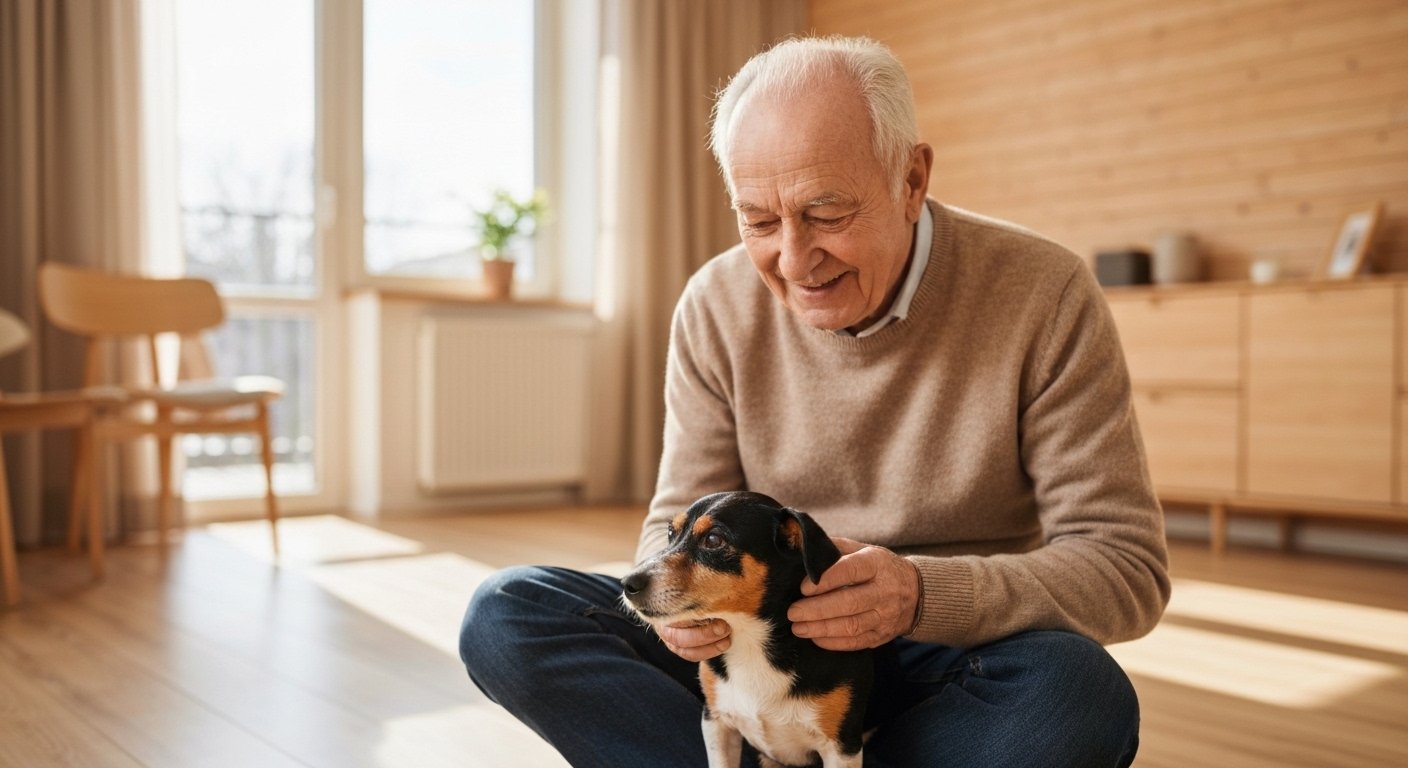 Idoso feliz com seu cão de companhia