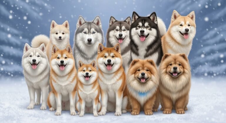 Grupo de sete raças de cães tipo spitz em um ambiente natural.