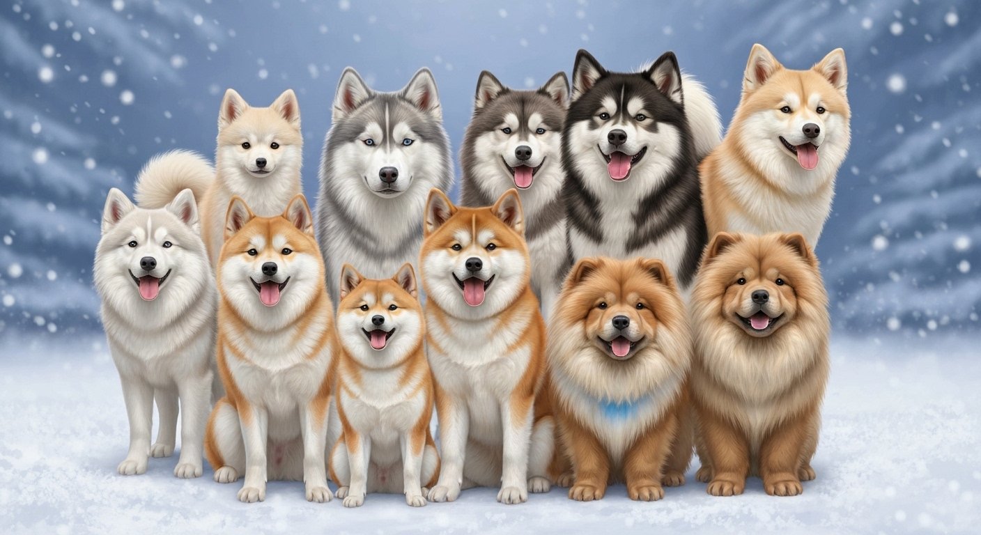 Grupo de sete raças de cães tipo spitz em um ambiente natural.