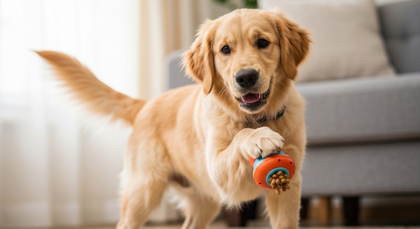 Cachorro estimulando a inteligência com brinquedo interativo