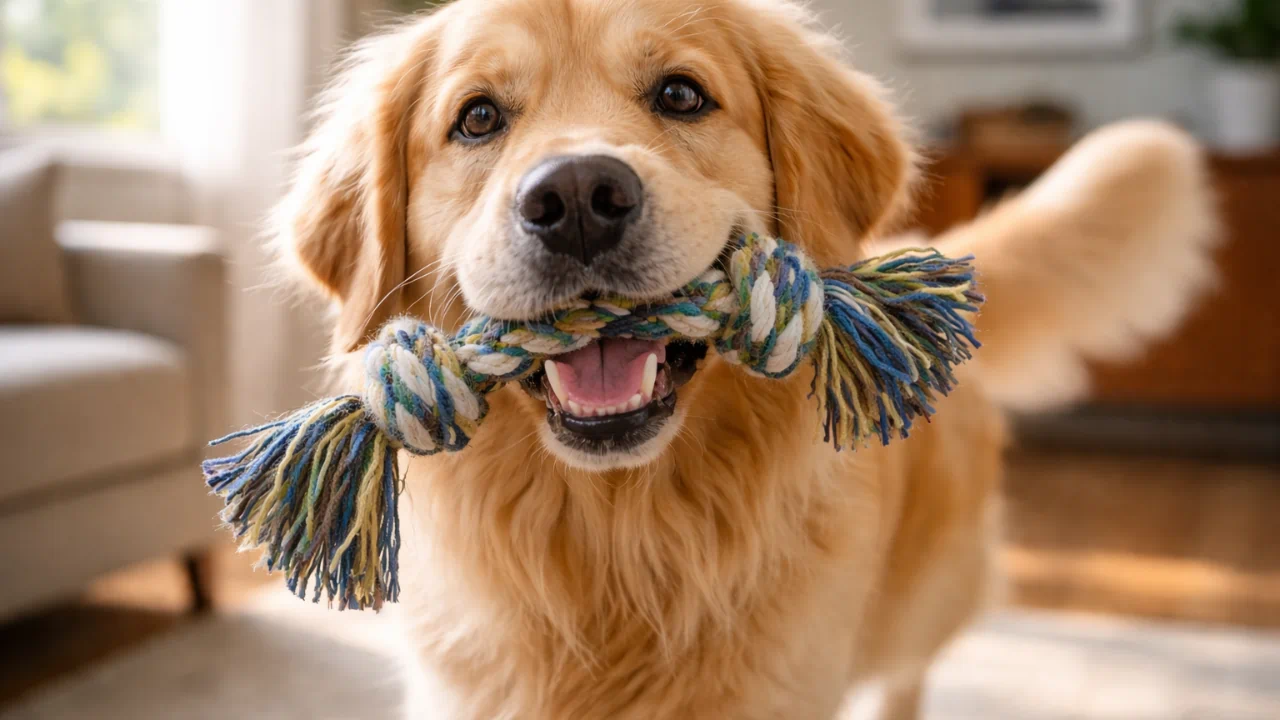 Golden Retriever brincando com brinquedo interativo em casa