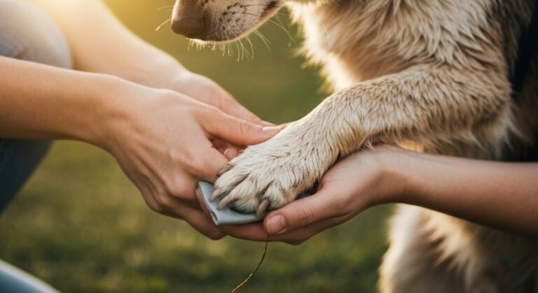 Tutor limpando as patas de um cachorro após o passeio para garantir a saúde e segurança.