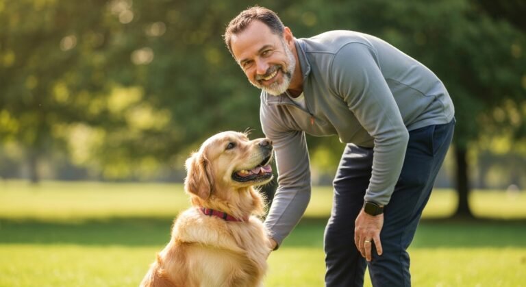 Adestrador sorrindo ensinando um cão golden retriever em um parque