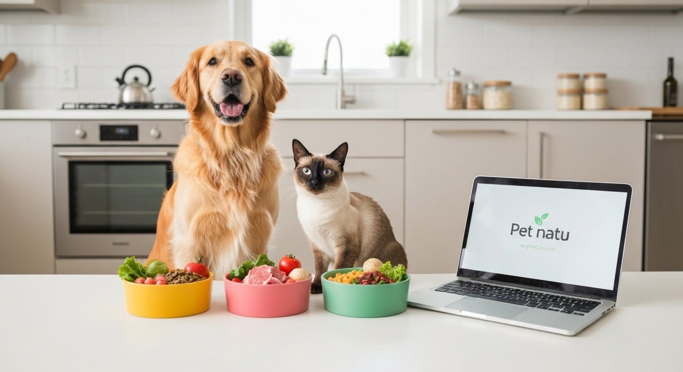 Cão e gato com alimentação natural e logo Pet Natu