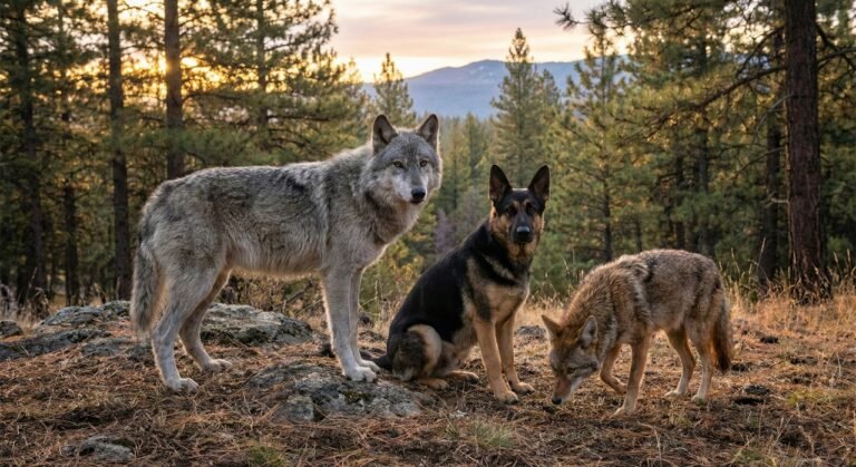 Comparação visual das diferenças entre lobo, cão e coiote