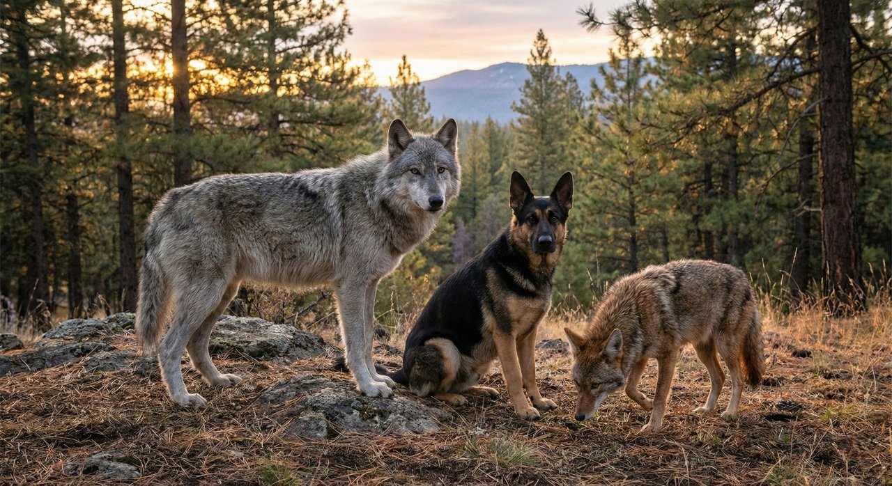 Comparação visual das diferenças entre lobo, cão e coiote