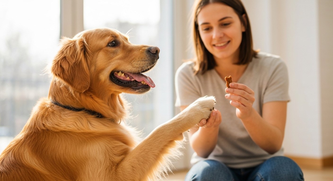Cachorro dando a pata para a dona
