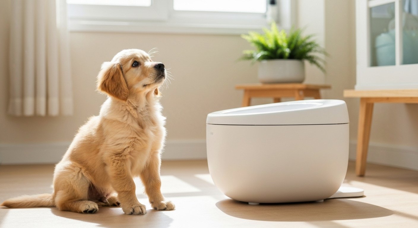 Filhote de cachorro aprendendo a usar sanitário canino