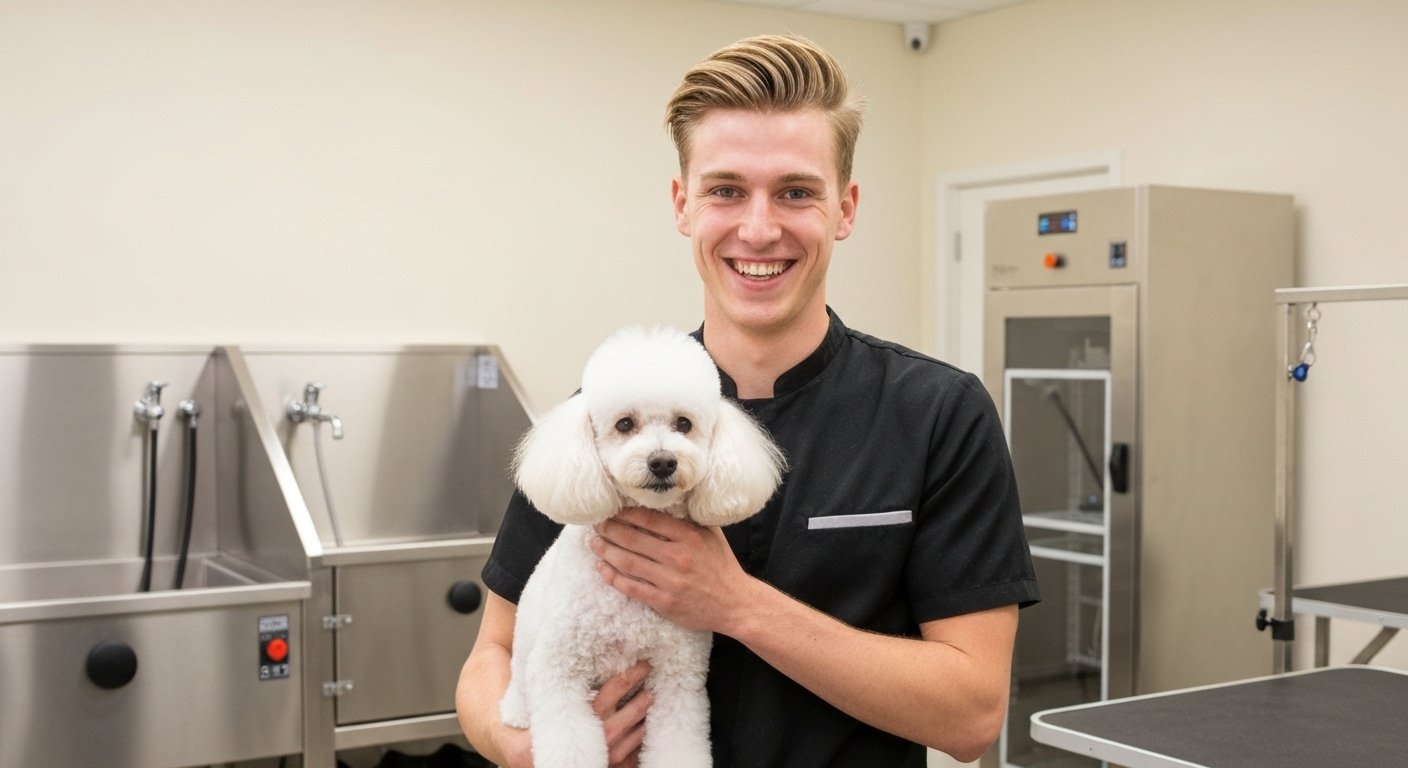 Profissional com cachorro após banho e tosa