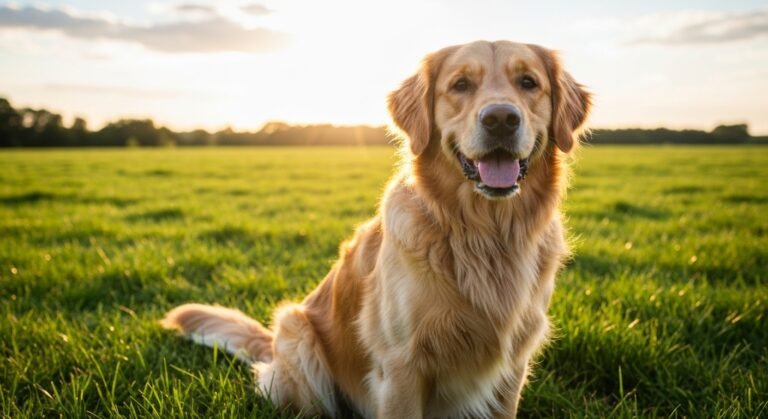 Golden Retriever feliz em campo verde