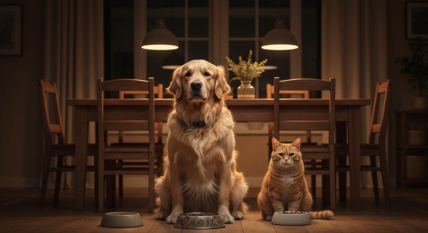Cão e gato esperando o jantar em ambiente calmo