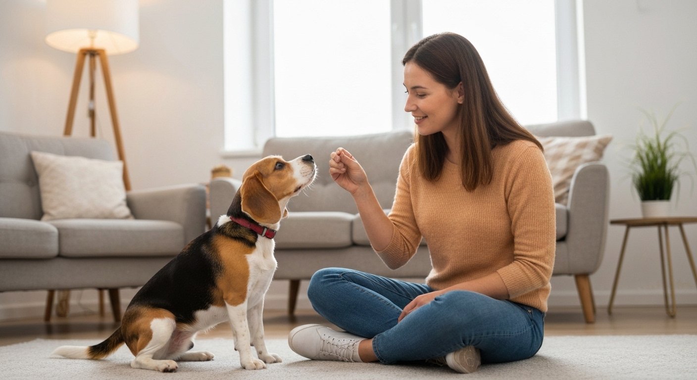 Tutor e cão se comunicando com confiança e afeto