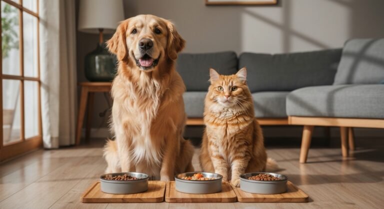 Cão e gato saudáveis analisando suas tigelas de ração