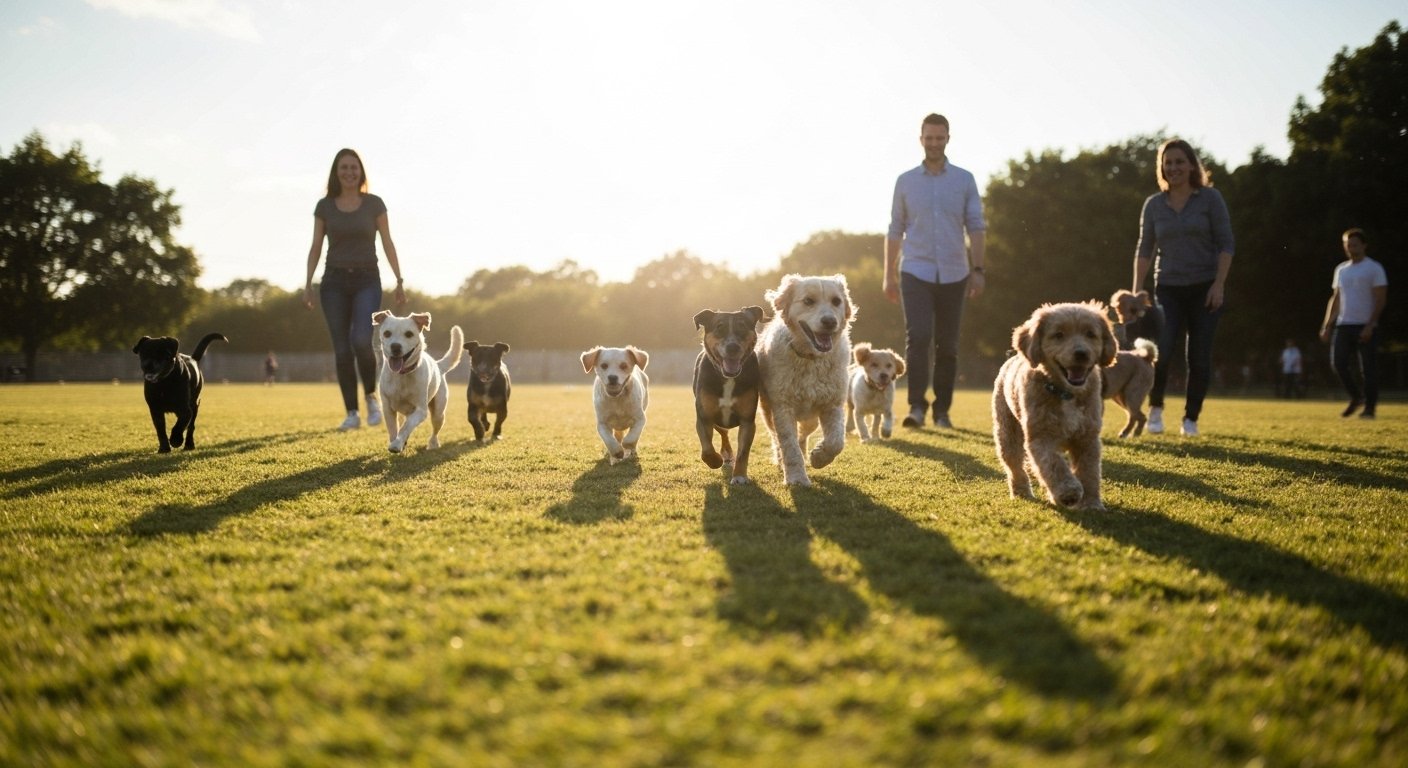 Cachorros de diversas raças brincando felizes em um parque