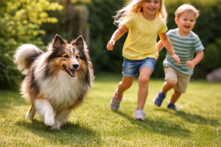 Pastor de Shetland observando crianças com instinto de controle