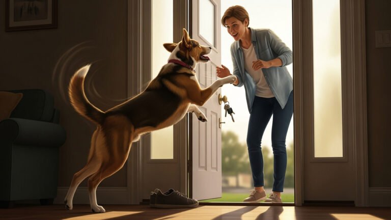 Cachorro pulando para cumprimentar tutor na porta, focinho próximo ao rosto do dono
