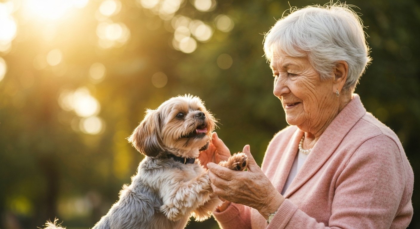 Cachorro de raça pequena vivendo uma vida longa e feliz com seu dono.