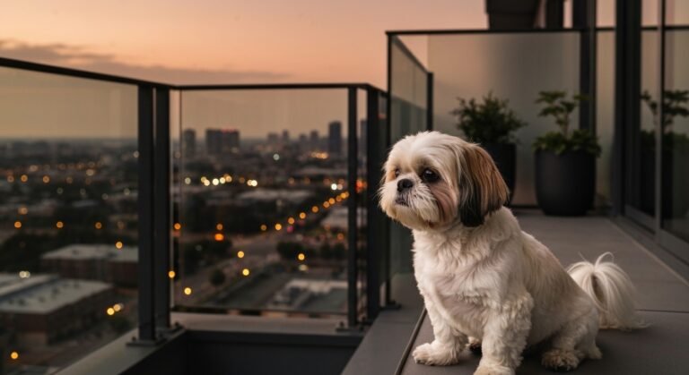 Shih Tzu em apartamento com vista para a cidade
