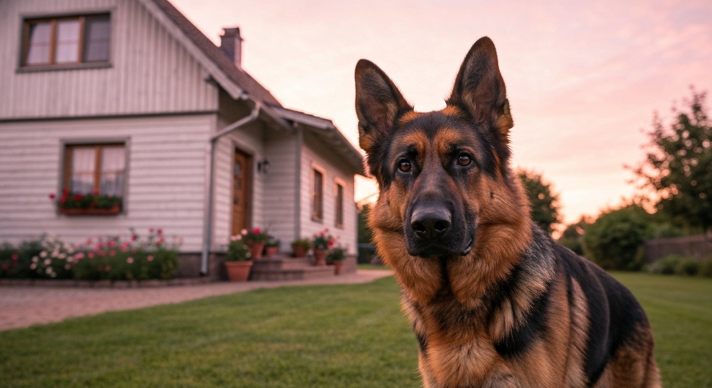 Pastor Alemão como cão de guarda protetor em frente a uma casa.