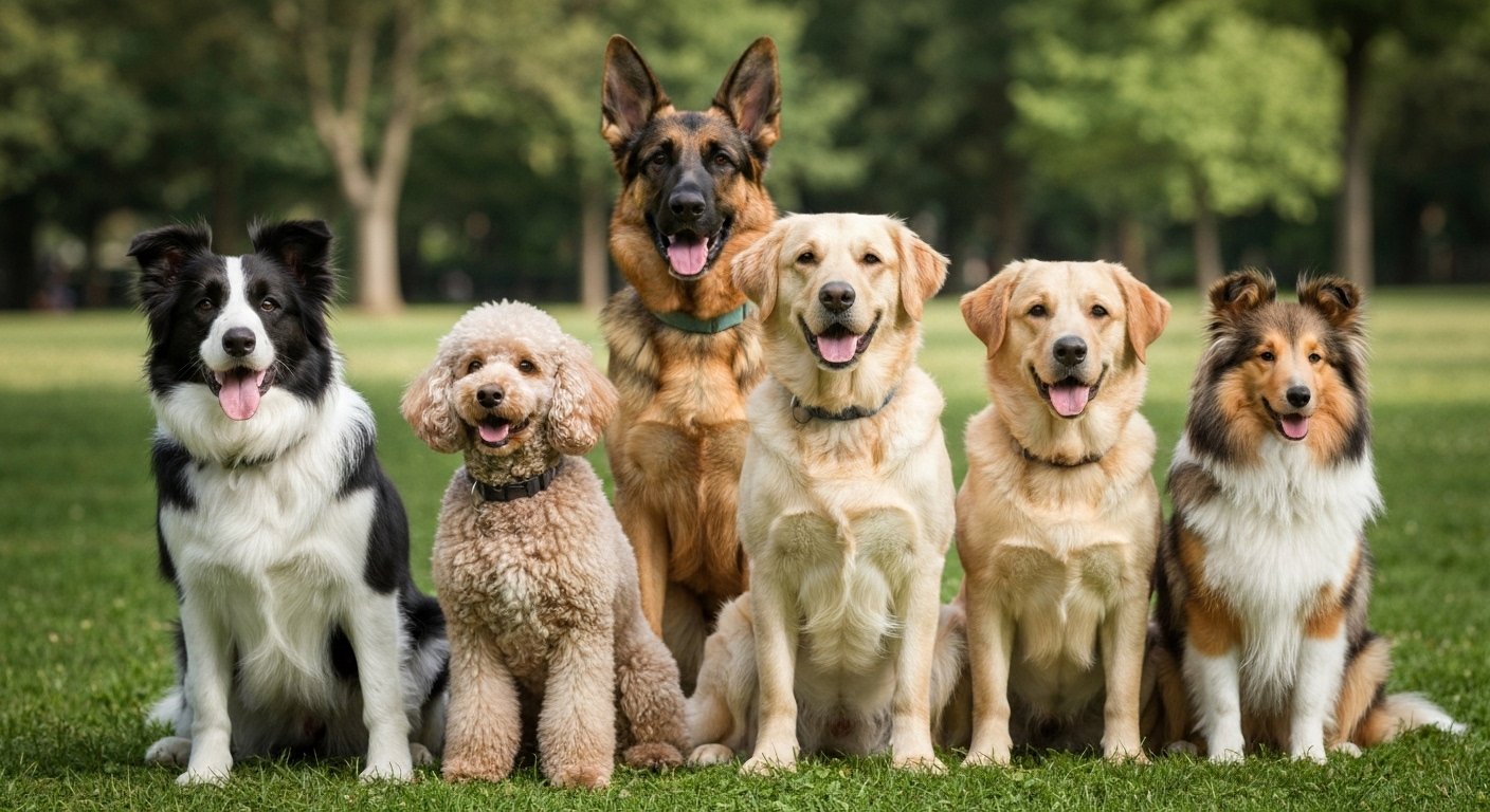 Seis raças de cães amáveis e inteligentes reunidas em um parque