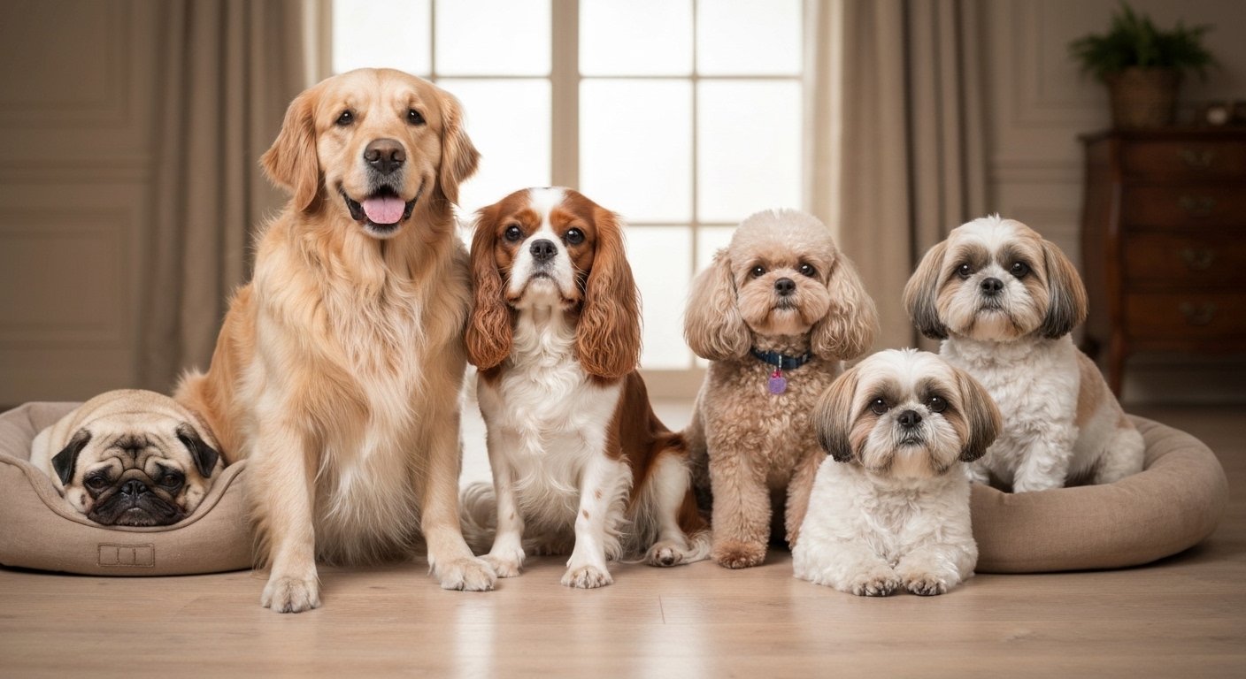 Cinco raças de cães conhecidas por sua tranquilidade em um ambiente doméstico.