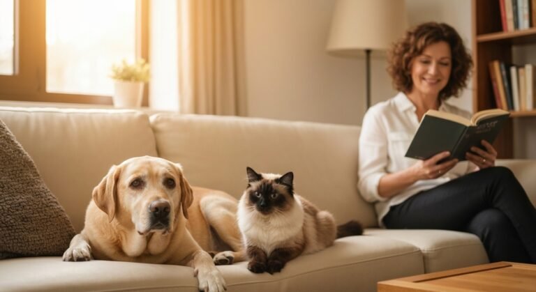 Cão e gato relaxando com tutor, simbolizando saúde emocional pet