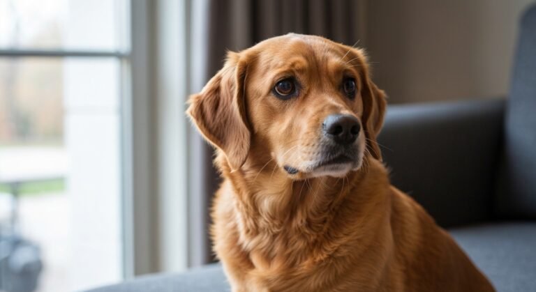Cão com sinais de desconforto gastrointestinal olhando para a câmera.