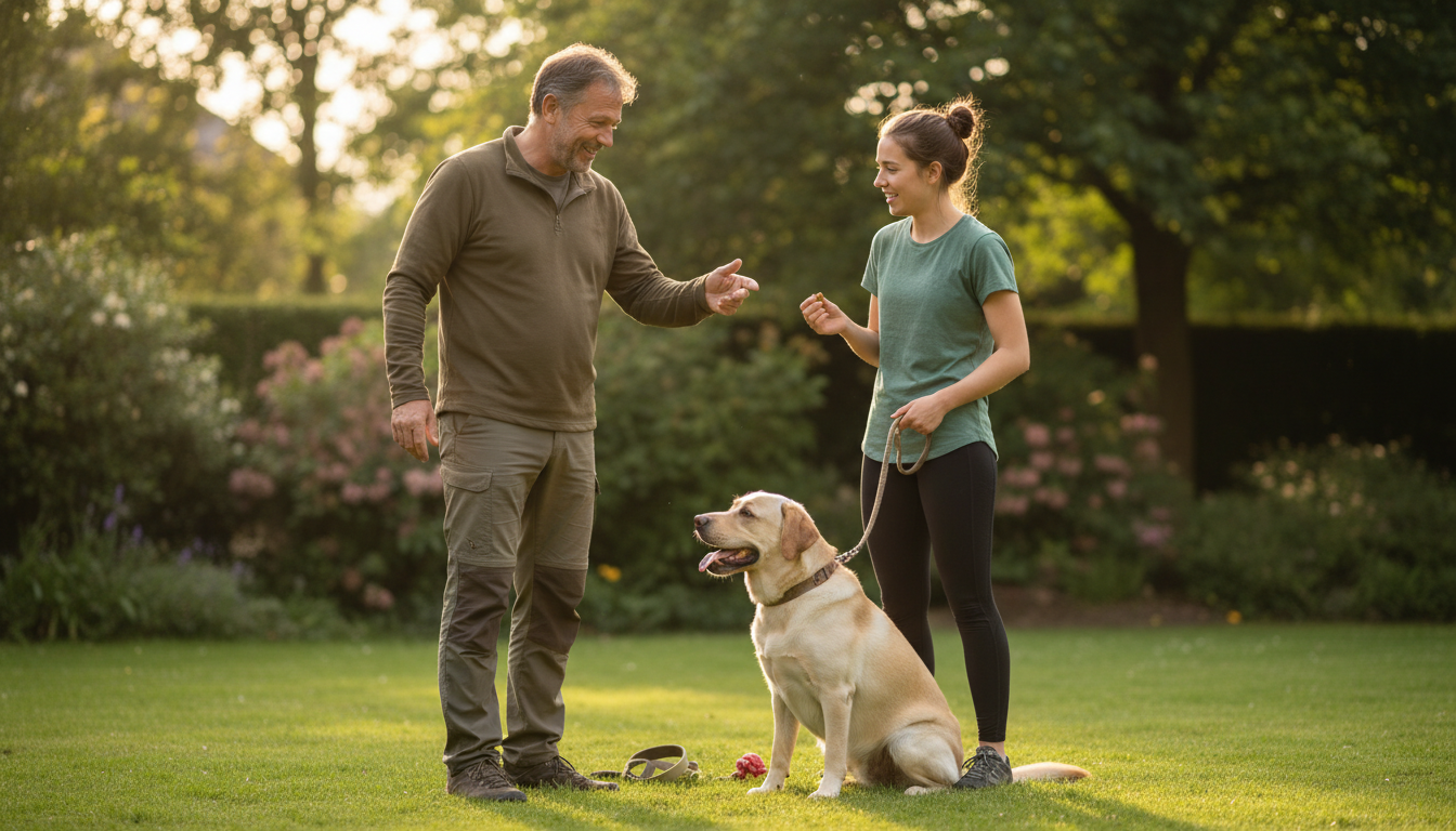Adestrador ensinando um tutor a interagir com seu cão, promovendo comunicação e limites saudáveis.