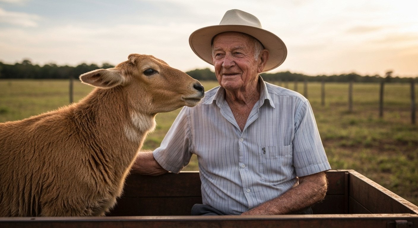 Agricultor de 87 anos sorri enquanto acaricia seu cão Pitoco, ambos sentados em uma carroça no campo.