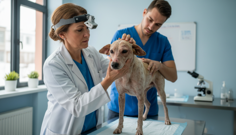 Veterinário examinando cão com sintomas de leishmaniose
