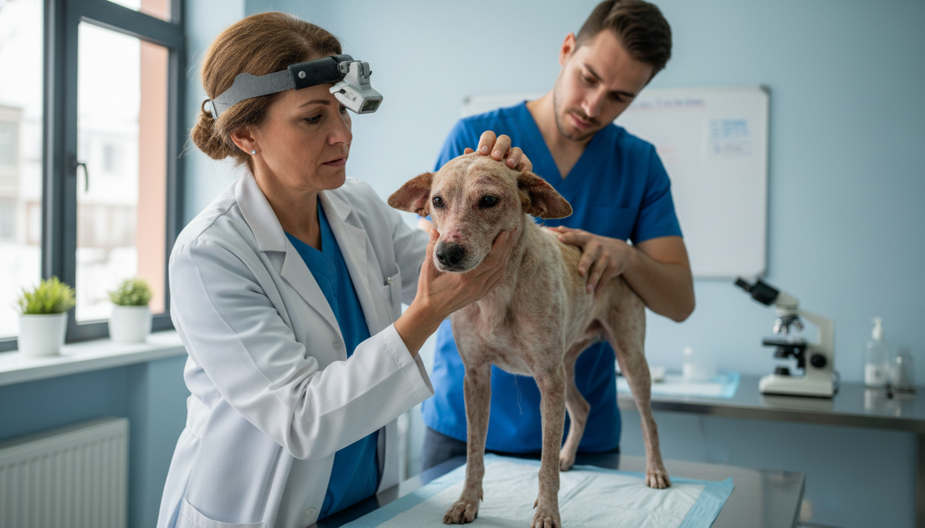 Veterinário examinando cão com sintomas de leishmaniose
