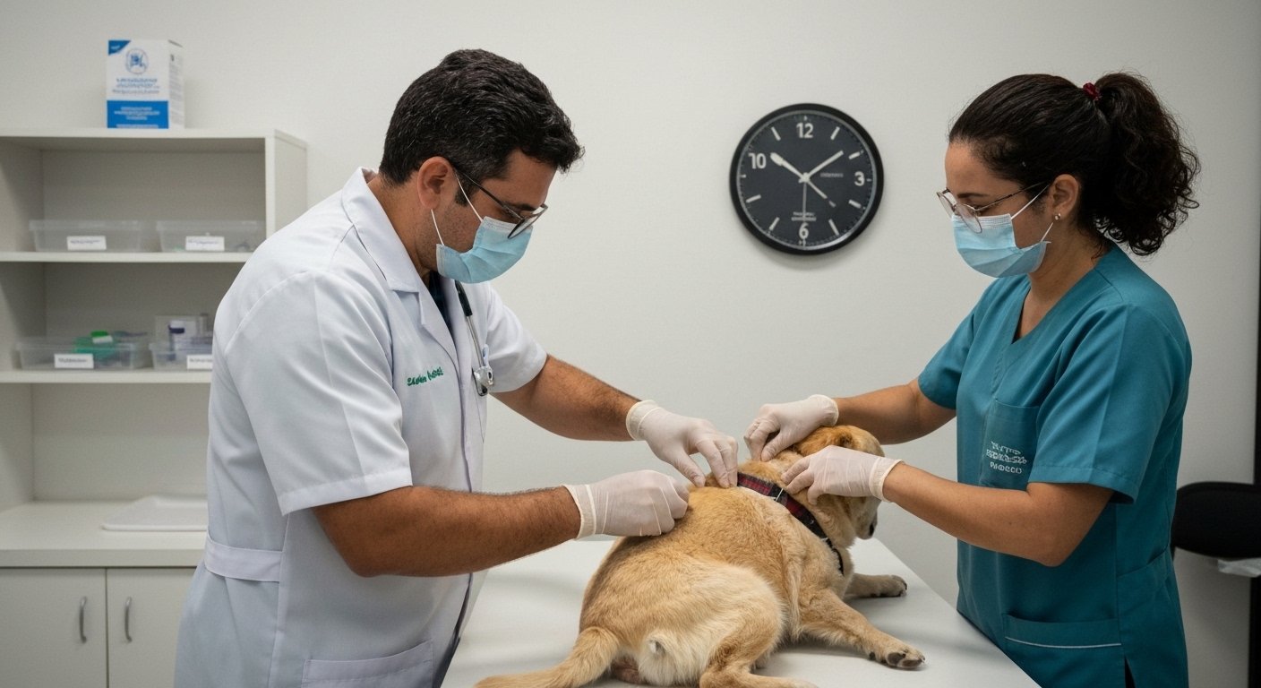 Veterinário vacinando cão contra raiva em Campo Grande.