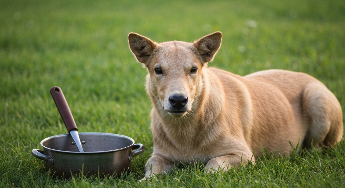 Cão pastor alemão com pote de ração ao lado em um ambiente natural.