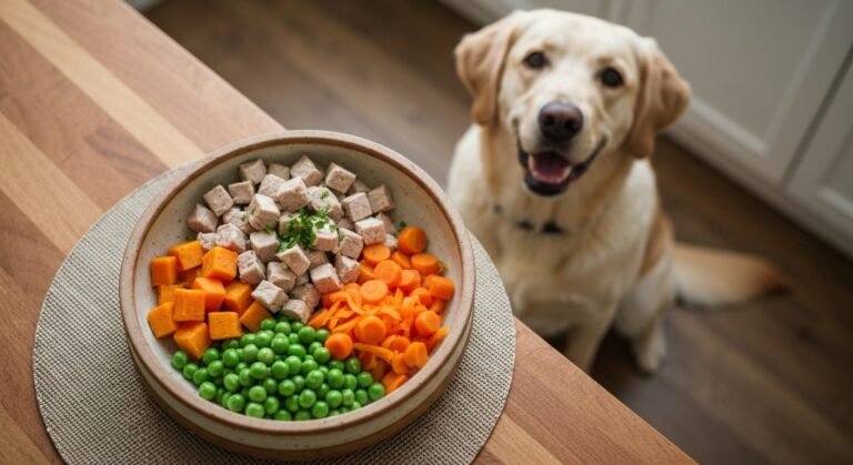 Refeição caseira colorida e nutritiva de alimentação cozida para cães em tigela rústica, com frango, vegetais e ervas frescas, em uma cozinha com um cão feliz ao fundo.
