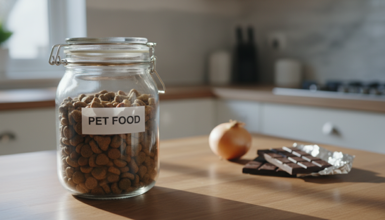 Cozinha com pote de ração para cachorro e ingredientes perigosos em segundo plano