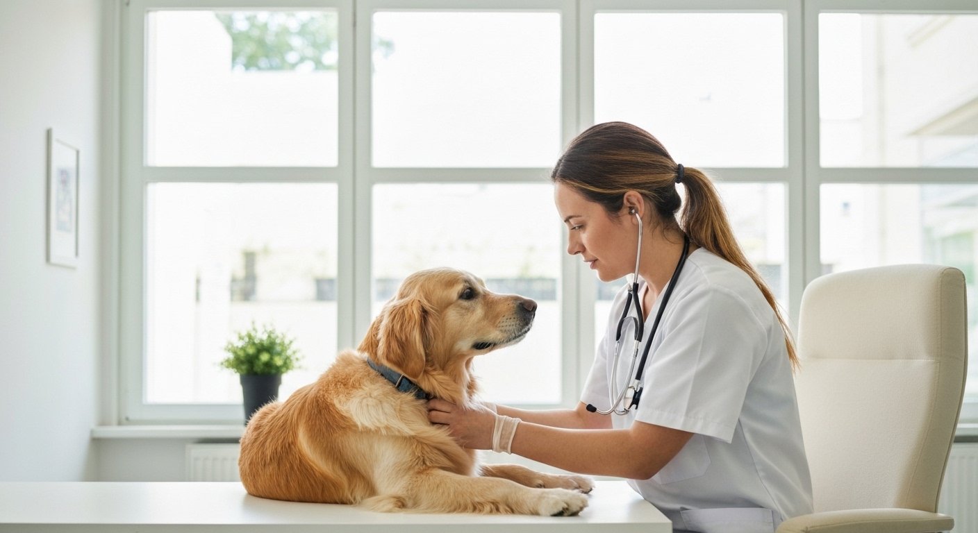 Veterinário examinando a pata de um cachorro em consultório médico