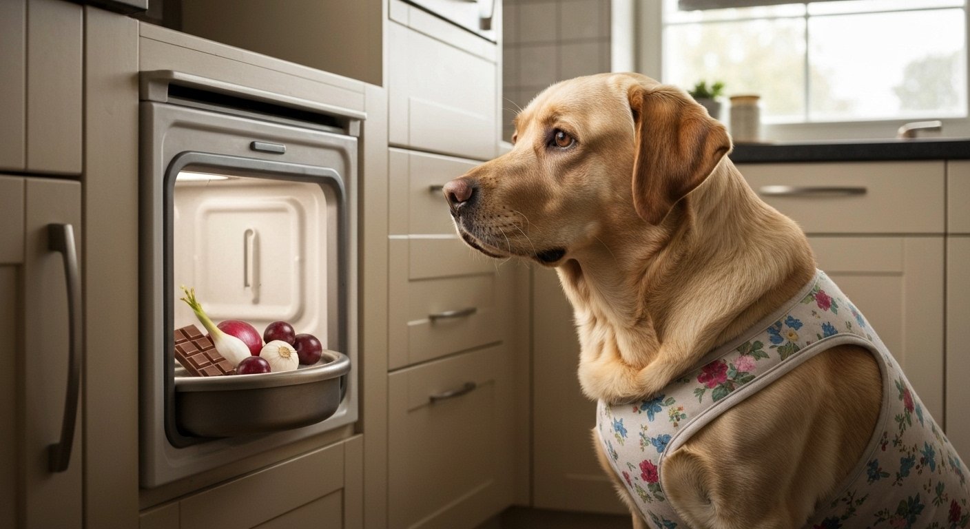 Cão observando alimentos perigosos na geladeira