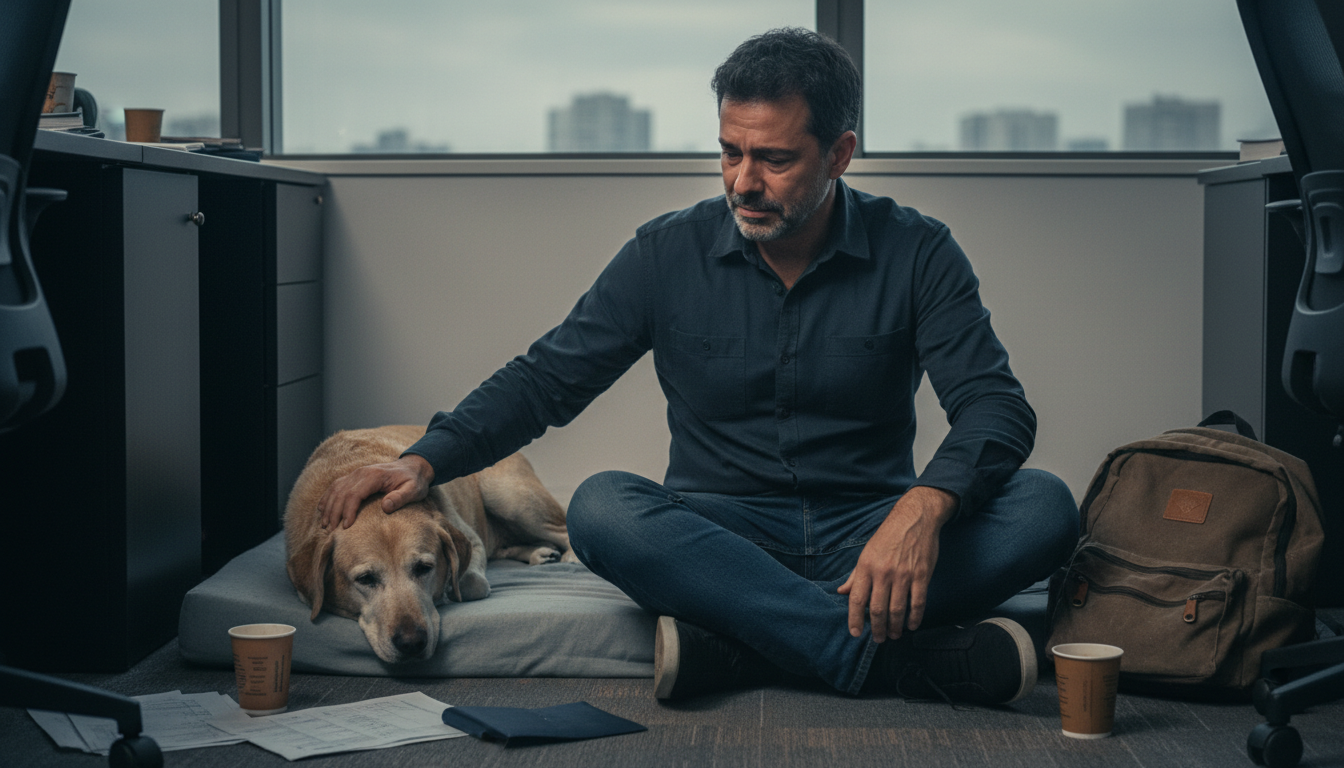 André Marques emocionado ao lado de sua cadela Banha em estado crítico de saúde