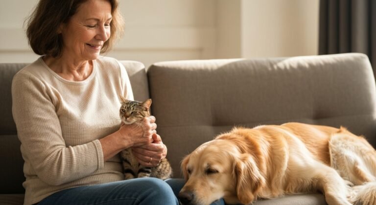 Mulher idosa com gato e cachorro em casa