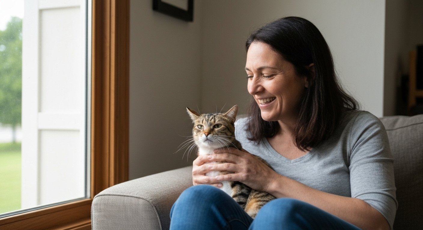 Idosa sorrindo enquanto acaricia seu gato em casa, demonstrando os benefícios da companhia animal para a saúde emocional.