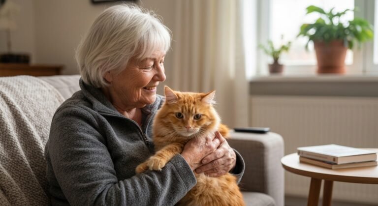 Idosa sorrindo ao acariciar seu gato no colo em uma sala de estar