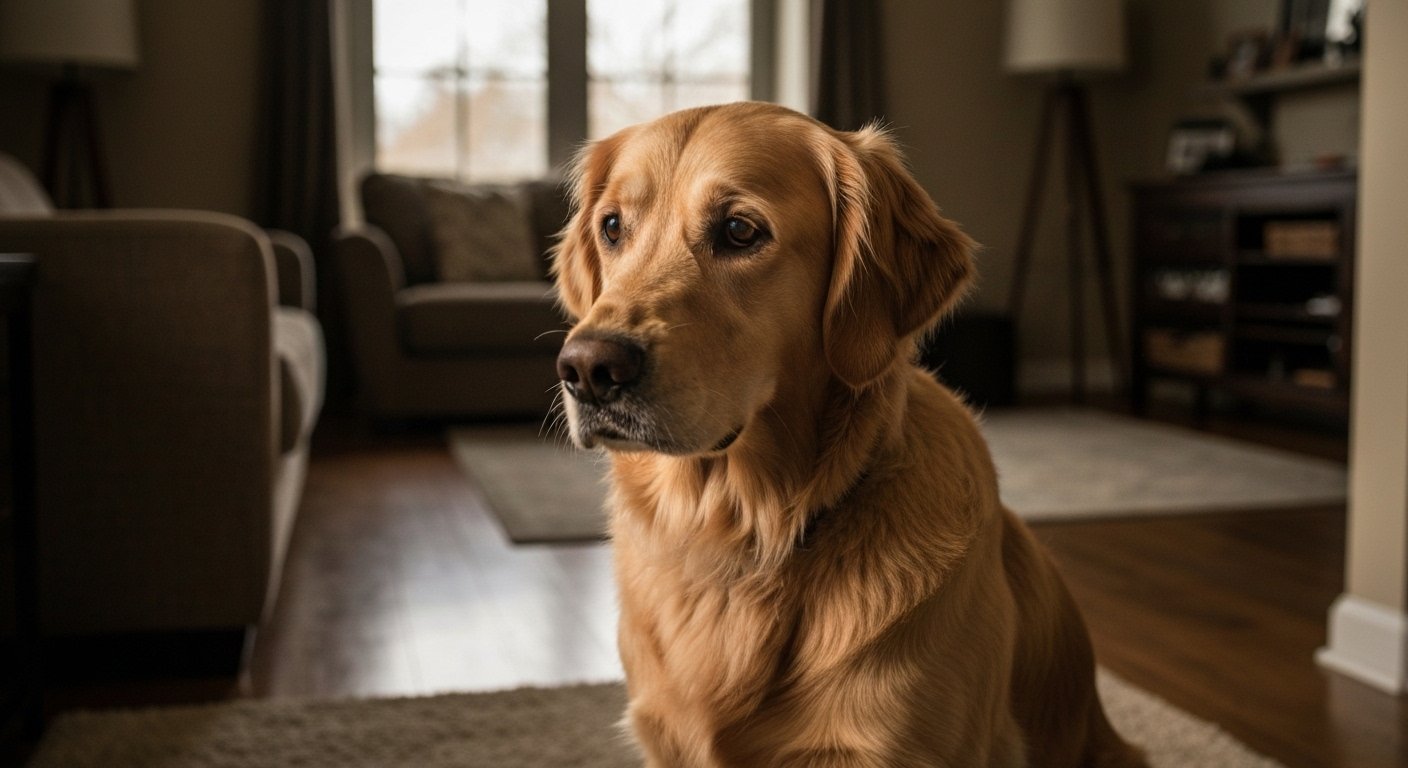Cachorro com ansiedade de separação olhando pela janela.