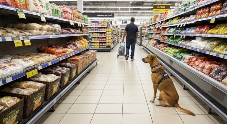 Cachorro em corredor de supermercado em Belo Horizonte